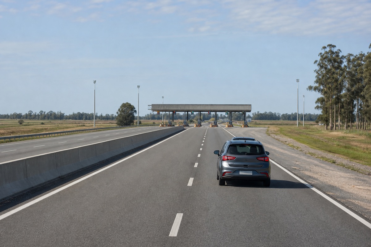 Un auto circula por el carril derecho de una ruta dividida mientras se acerca a un peaje genérico.